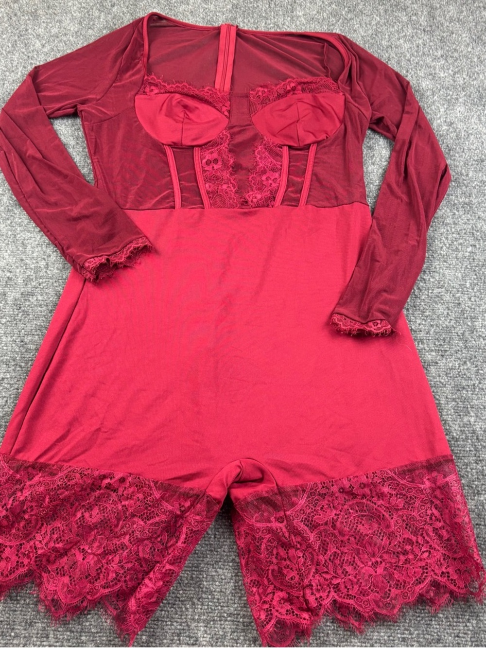 Red Long Sleeve Mesh Corset Bodice Romper Lingerie Lace size: Medium - Picture 2 of 7